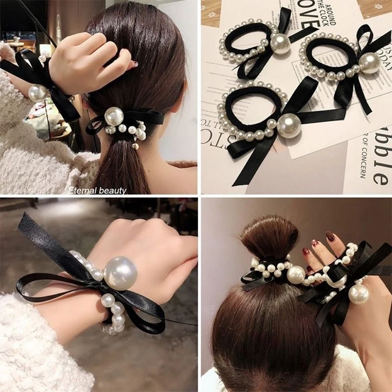 

1 Pcs Women New Arrival Big Pearl Elastic Hair Ropes Scrunchies Girls Bowknot Hair Ties Women Ponytail Holders Hair Accessories