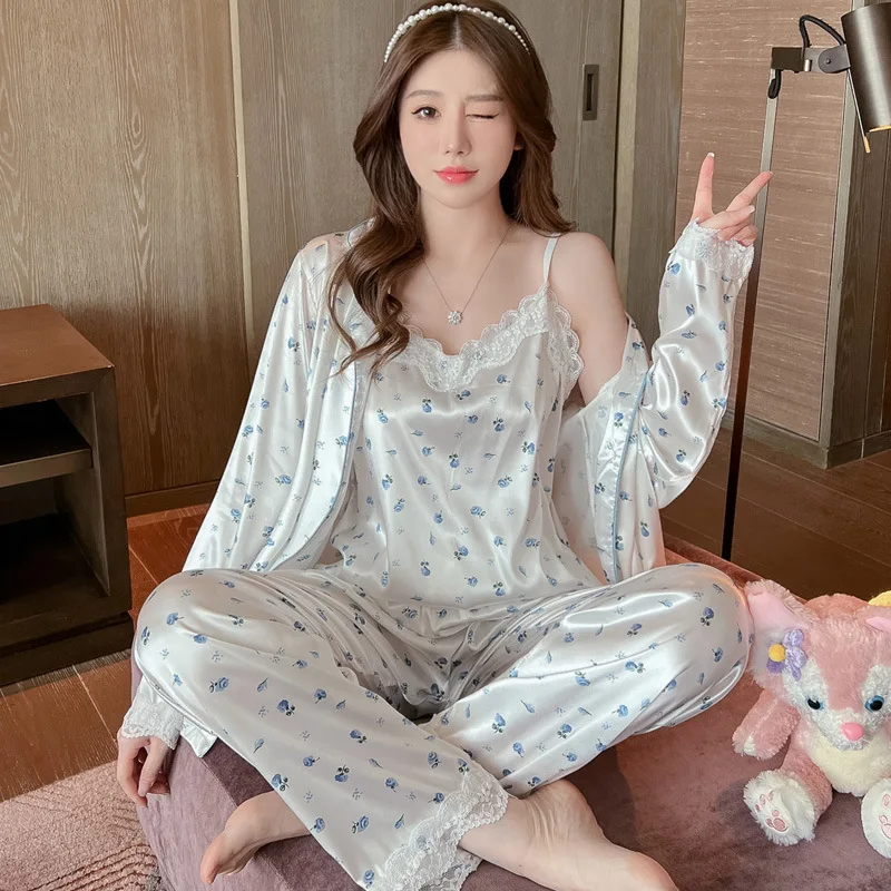 Pajamas Women's Spring and Autumn Winter Ice Silk Long Sleeve Sling Sexy Three Piece Set Real Silk Home Clothes Summer