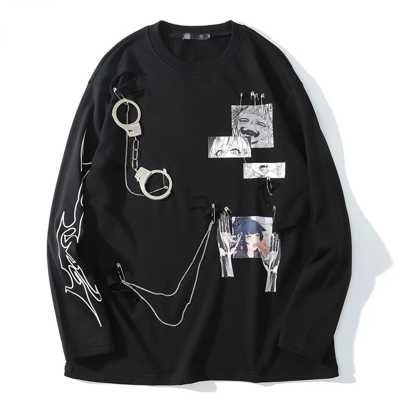 

2022 Comics Anime Manga Illustration Hook And Loop Fastener Chain Design Thin Sweatshirt Streetwear Men High Street Pullover
