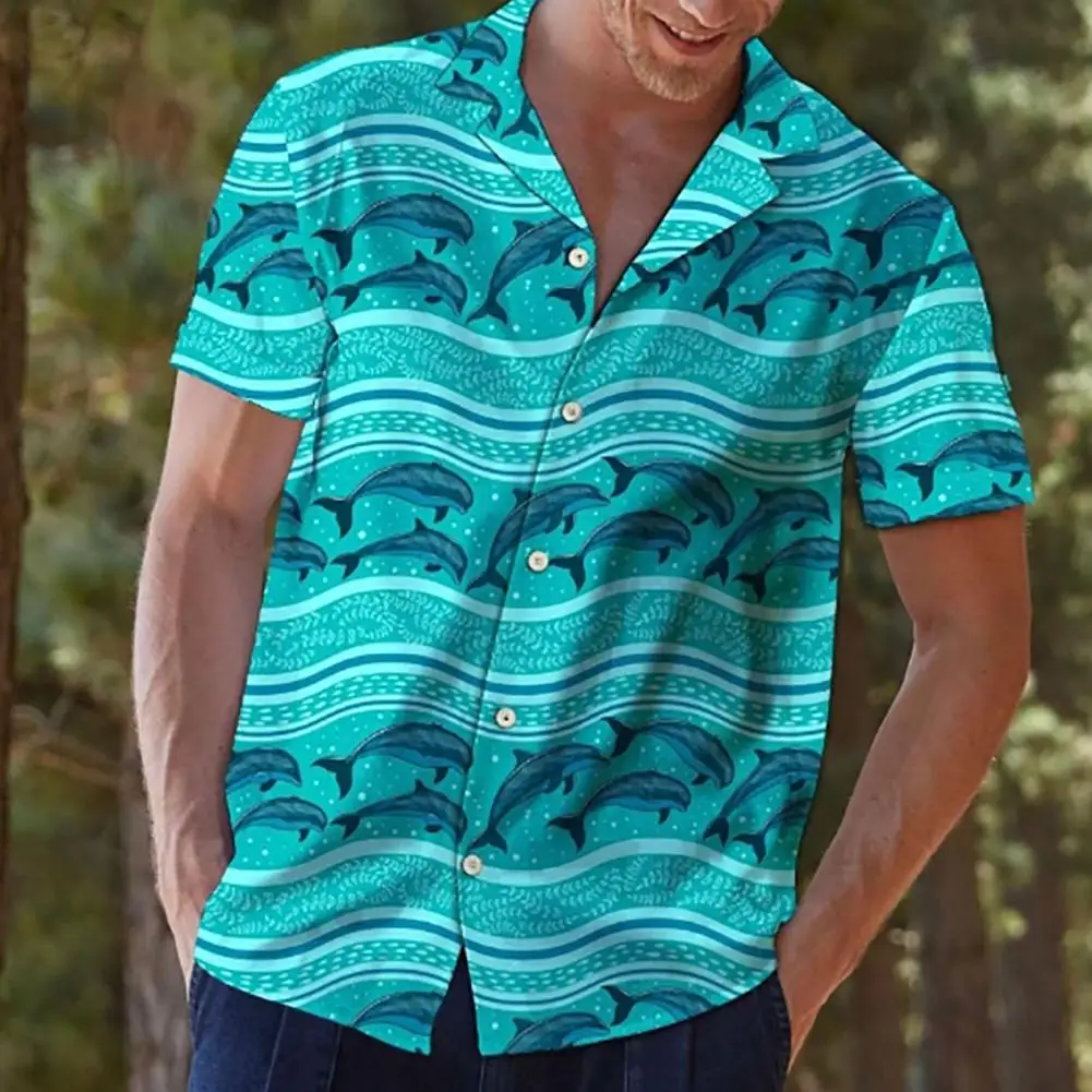 

Colorful Print Short Sleeve Men Shirt Turn-down Collar Single-breasted Summer Shirt Wear-resistant Men Beach Shirt for Travel