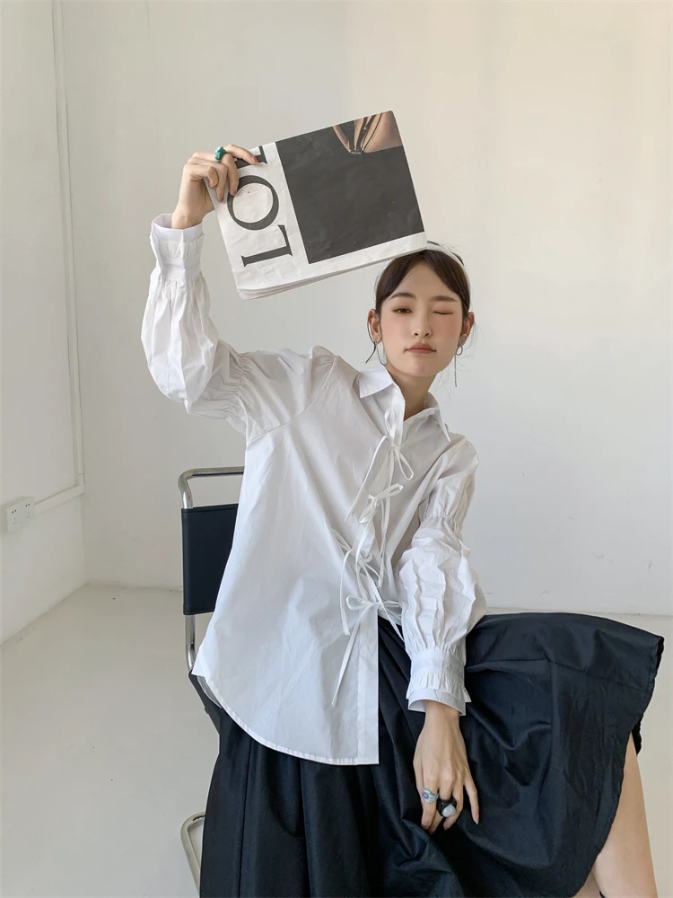 

Solid Women's Blouse Oversized Shirt Summer Elegant Long Puff Sleeves Tops Female Fashion Streetwear Loose Clothing
