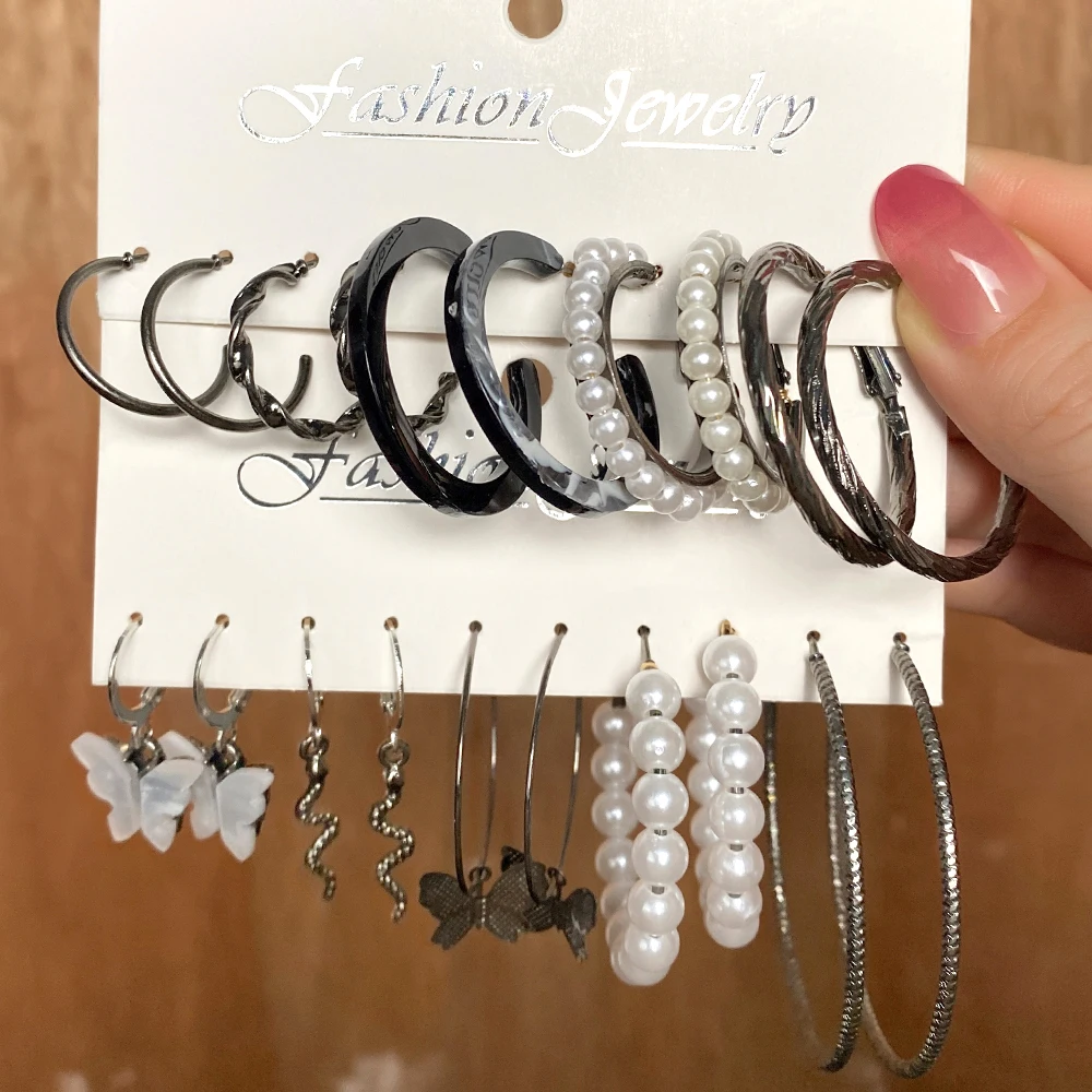 

FNIO Fashion New Black Butterfly Snake Dangle Drop Earrings Set Simple Circle Statement Earrings for Women Party Jewelry
