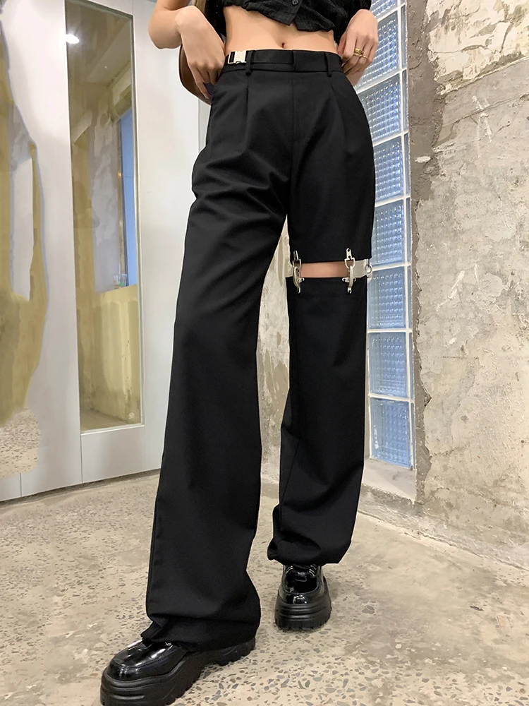 

Women Casual Straight Hollow Out Suits Pants Female High Waist Floor Length Pantalon Trousers 2022 Spring Summer StreetwearWP347