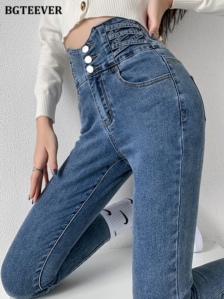 

BGTEEVER Stylish High Waist Buttons Skinny Women Pencil Jeans Pants 2022 Fashion Slim Pockets Female Denim Trousers