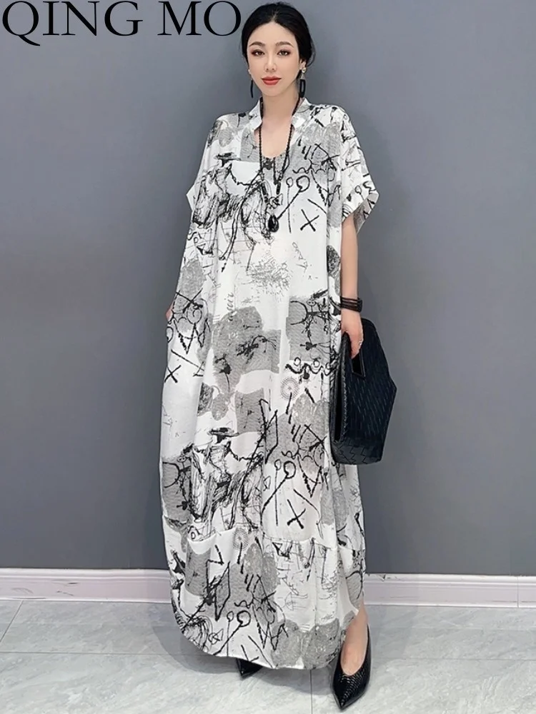 

QING MO 2023 Summer New Korean Fashion V-neck Printing Short Sleeve Women Dress Loose Show Slim Large Size Dress ZXF2880