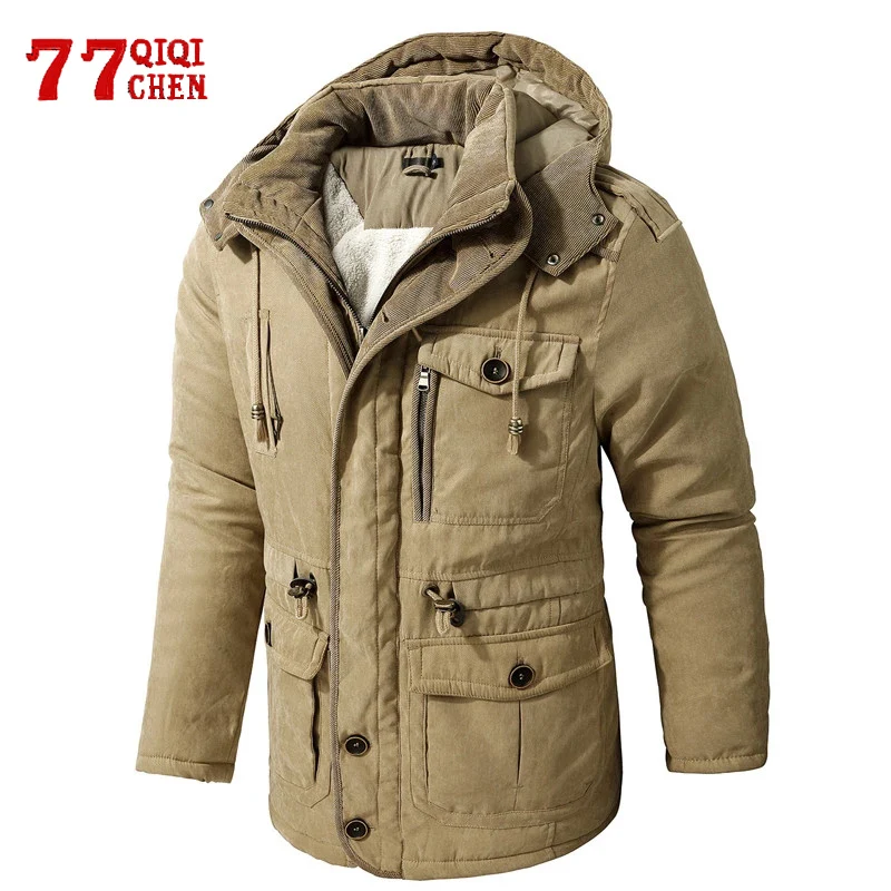 Mens Warm Jacket Winter Parka Hooded Cotton Padded Thick Fleece Coat Male Slim Fit Casual Fleece Jackets Man Casual Windbreaker