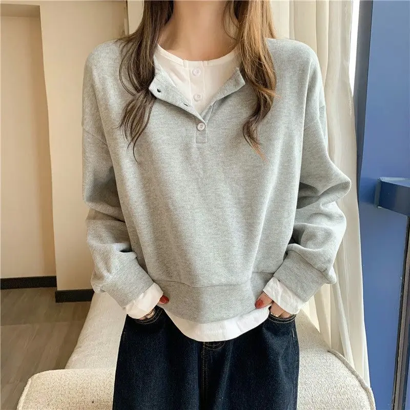 

Fashion Autumn Patchwork Fake Twopiece Button Sweatshirts Women New Long Sleeve O-collar High Street Casual All-match Top