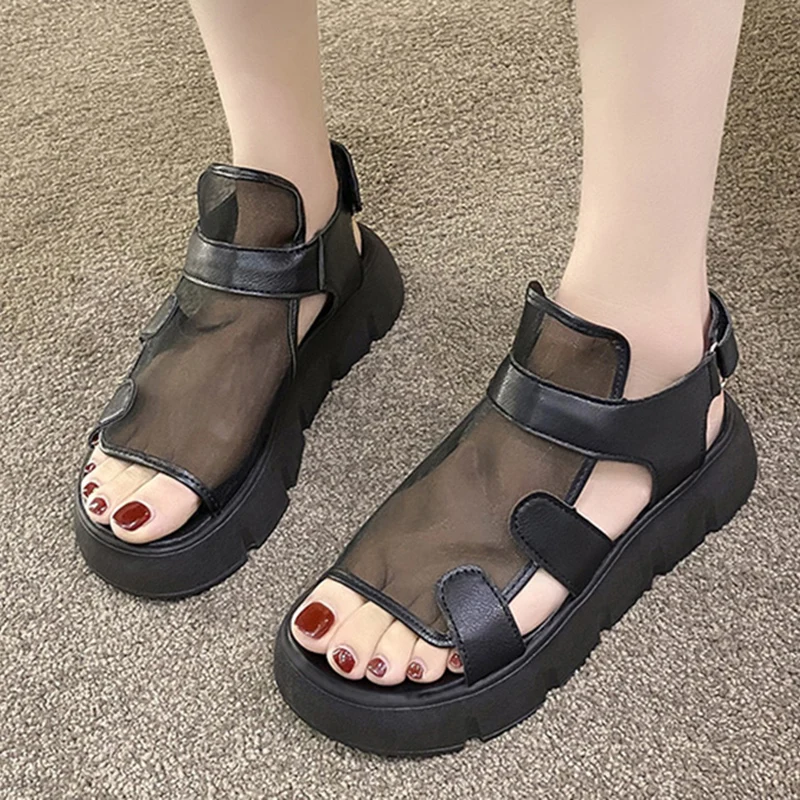 

ZOKI Black Lace Chunky Platform Sandals Women Summer Fashion Hollow Out Rome Shoes Woman Thick Bottom Non-slip Sandalias Mujer