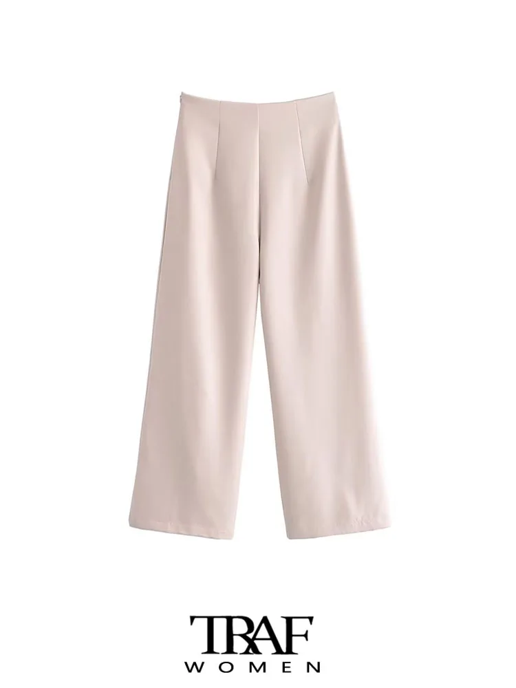 

TRAF Women Fashion Office Wear Wide Leg Pants Vintage High Waist Side Zipper Female Trousers Mujer