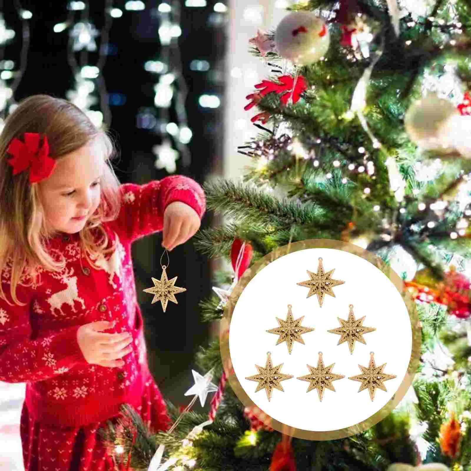 

6 Pcs Christmas Star Pendant Gold Decor Wreath Adornment Plastic Home Decoration Xmas