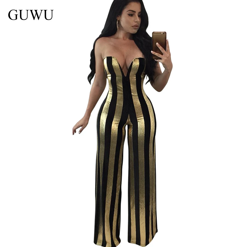 GUWU Hot Stamping Striped Sexy Night Club Bodycon Rompers Women Jumpsuits 2022 Summer Strapless Backless Bandage Elegant Party