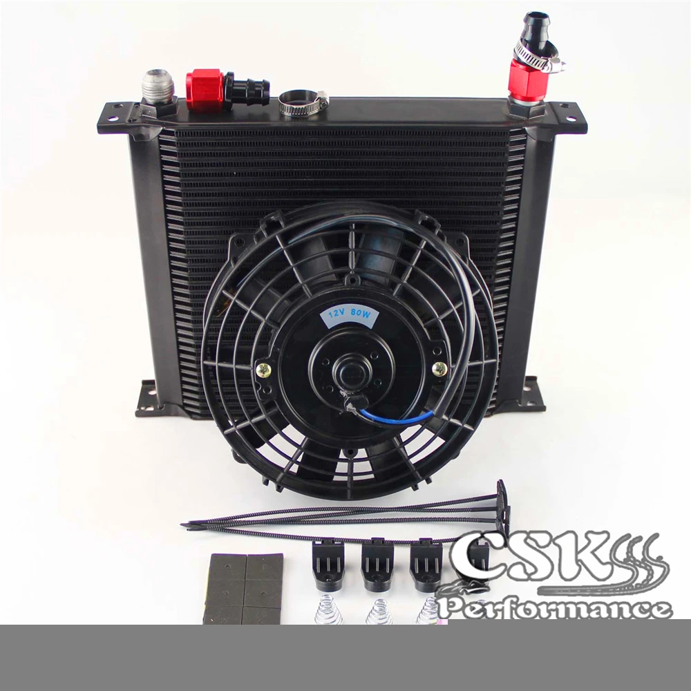 

10-AN Universal 34 Row ENGINE Oil Cooler with fittings + 7" Electric Fan Kit Black