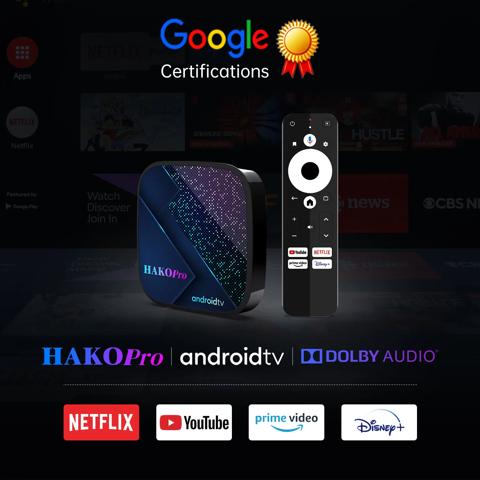 HAKO Pro WiFi Network Set-Top Box Androidtv 11 OS Google Certifications 16/32/64GB S905Y4-B Ultra HD 4K Dolby Audio Home TV STB
