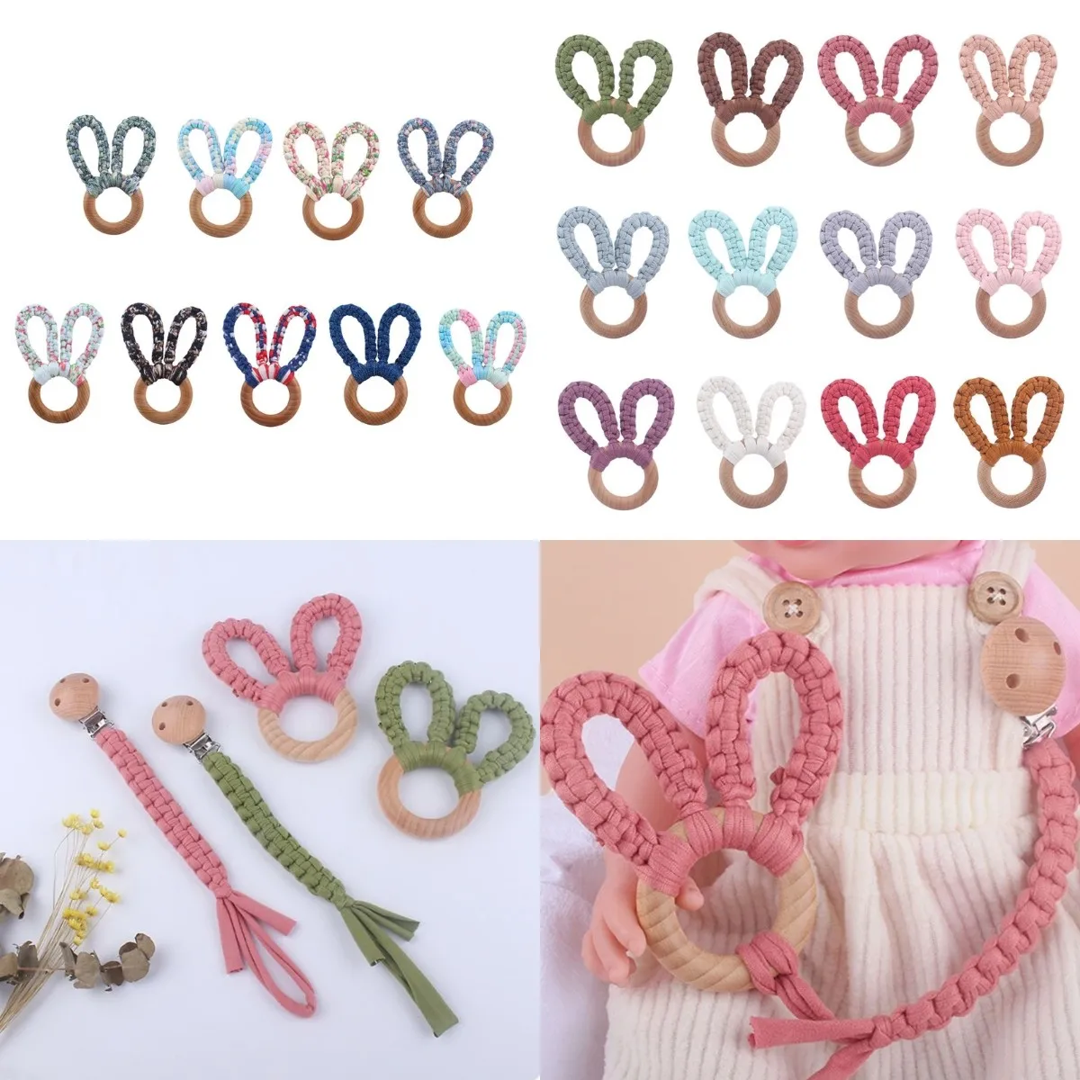 

Baby Wooden Hand Grasp Toy DIY Knitting Rabbit Ears Teether Bracelet Handheld Bell Rattle Intelligence Gifts for Infants Newborn