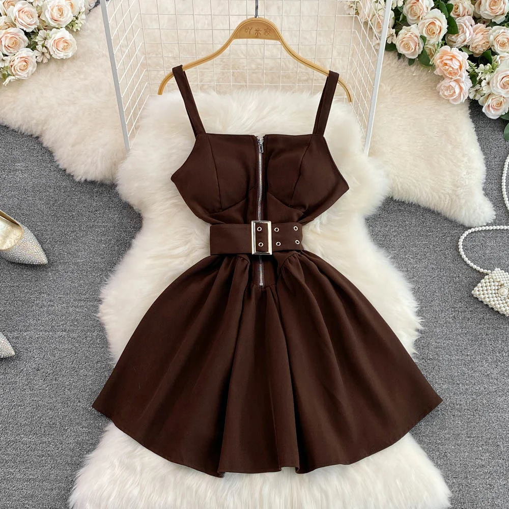 

Retro Sexy Sweet Spicy Suspender Dress 2022 Summer Vintage Waist Close A-line Dress Female Backless Sleeveless Fluffy Dress