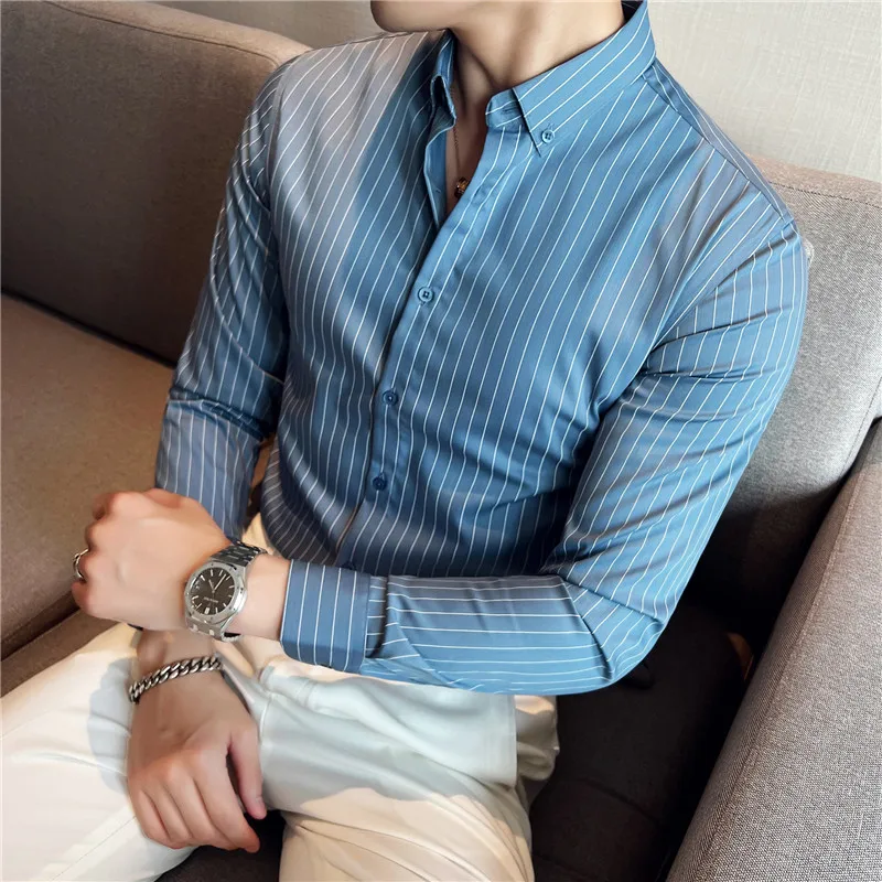 

British Style Autumn Slim Fit Striped Shirts Men Business Casual Formal Wear Dress Shirts Streetwear Homme Social Party Shirt