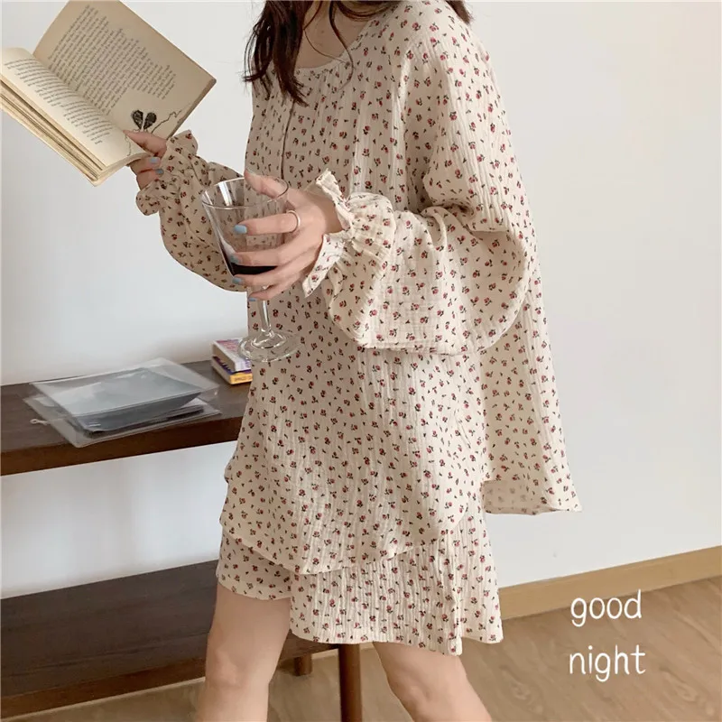 Qweek Women's Pajamas Cotton Home Suit Pyjamas Summer 2021 Korean Pijamas Sleepwear Buttons Printing Pj Set Kawaii Homewear
