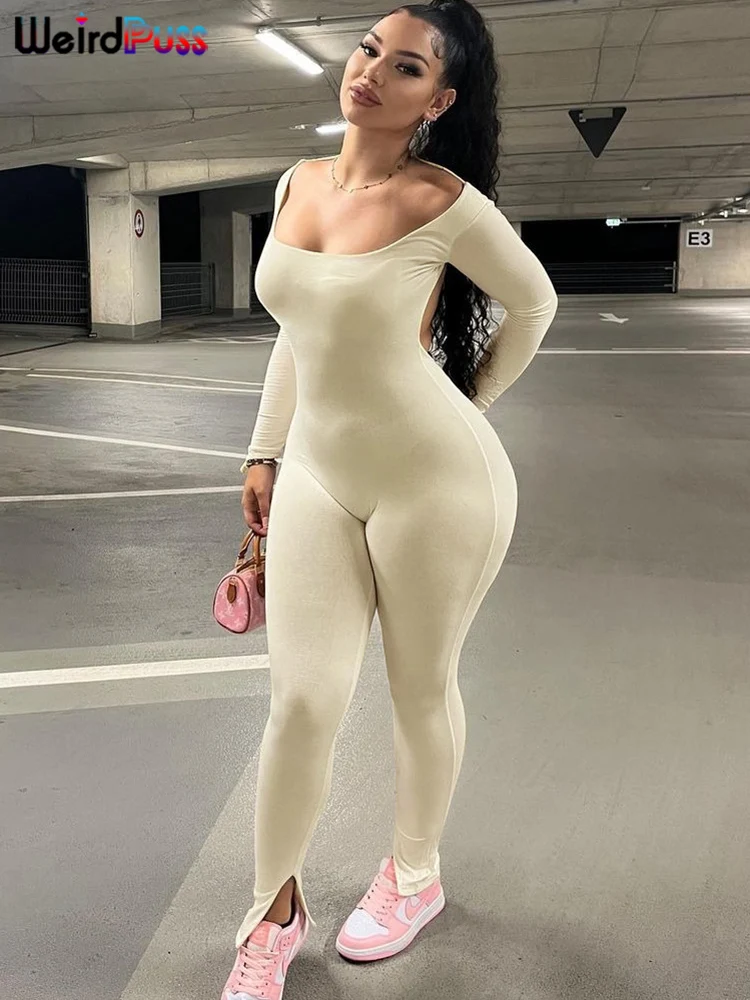 

Weird Puss Backless Fitness Jumpsuit Women Casual Autumn Trend Sexy Elegant Slash Neck Basic Streetwear Hipster Workout Overalls