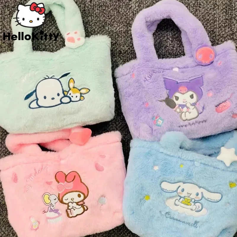 Sanrio Cinnamoroll Melody Kuromi Top-handle Bag Pochacco Plush Fluffy Woman Portable Shoulder Bag Kawaii Cartoon Makeup Bag
