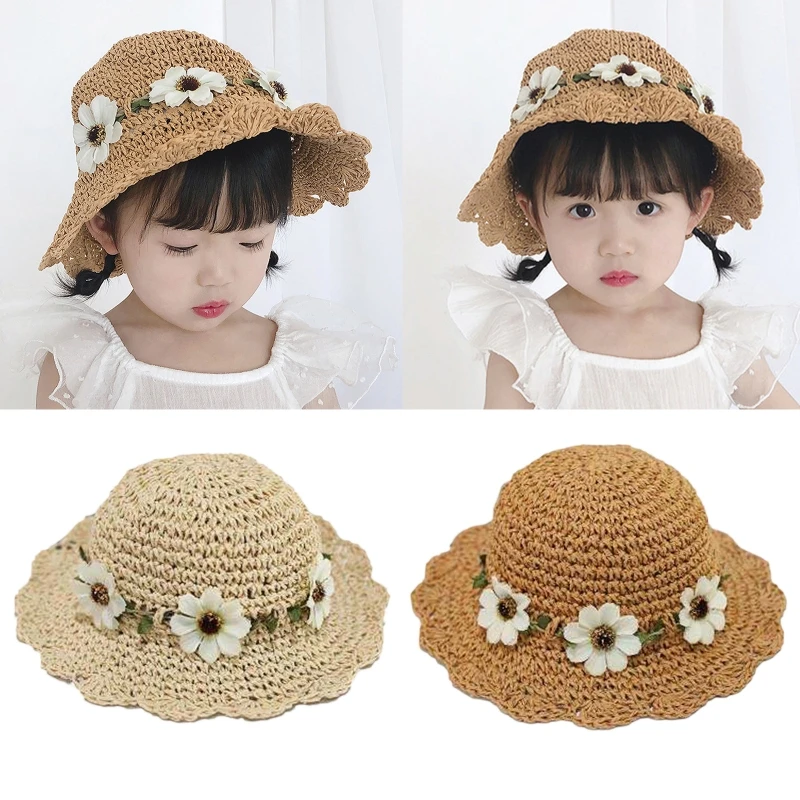 

Kids Girls Flower Crochet Straw Hat Summer Sunshade Hat Beach Cap Baby Fisherman Hat for 2 3 4 5 6 Year Old Children Accessories