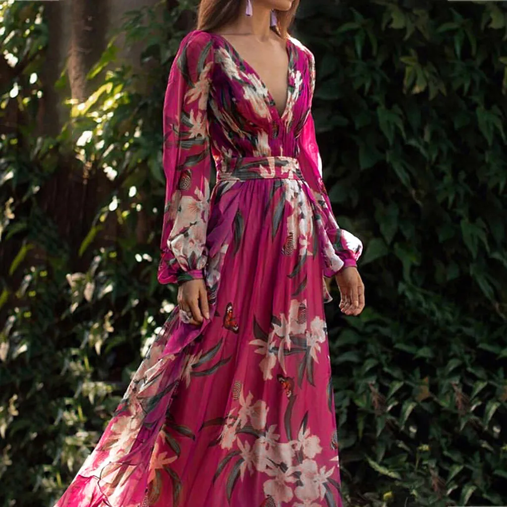 Bohemian Chiffon Long Dress Woman Floral Print Lantern Sleeve A-line Maxi Vestidos New Elegant Vintage V Neck Summer Dresses