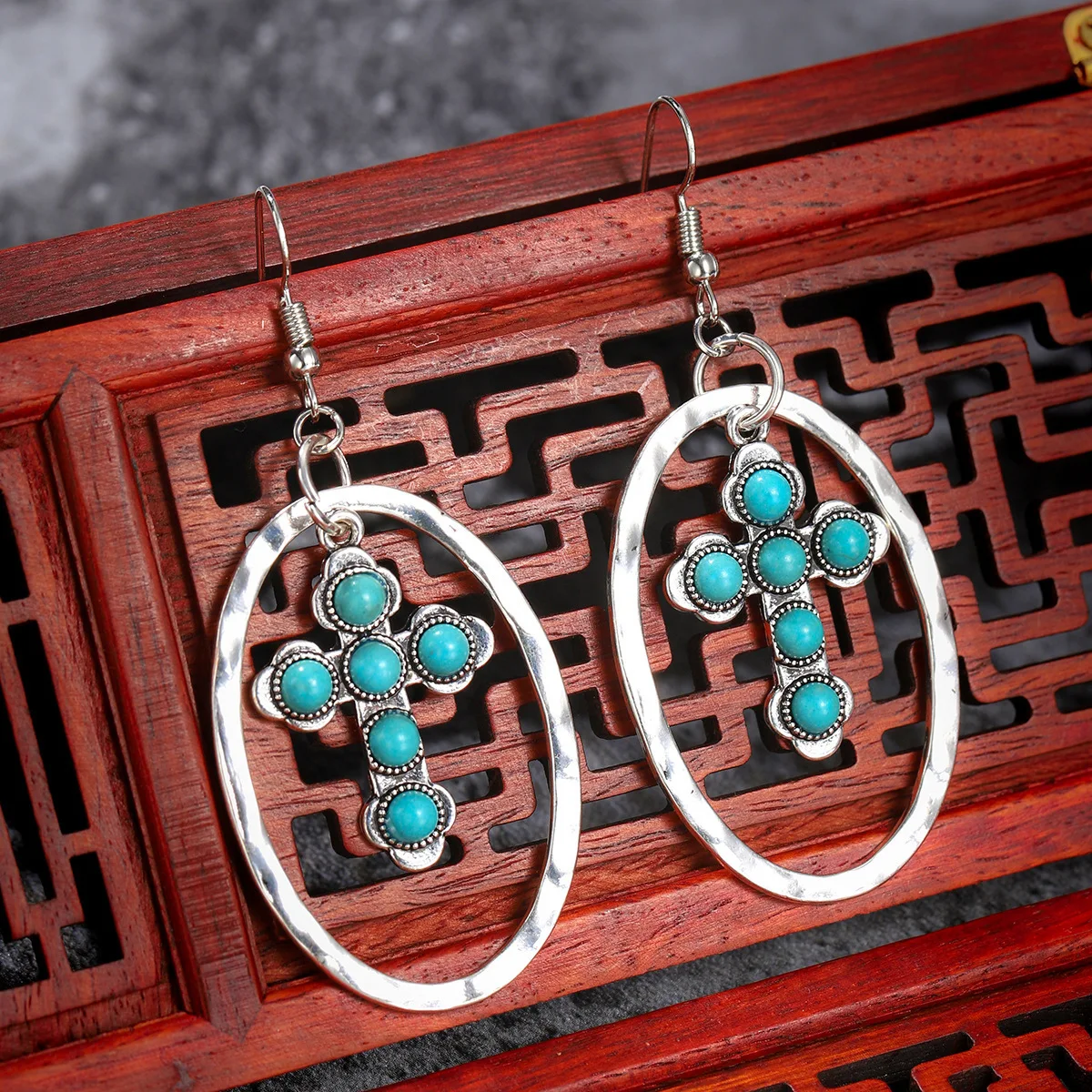

Ethnic Style Retro Turquoise Cross Circle for Women Earrings Alloy Exaggerated Ear Jewelry Accessories Support Wholesale