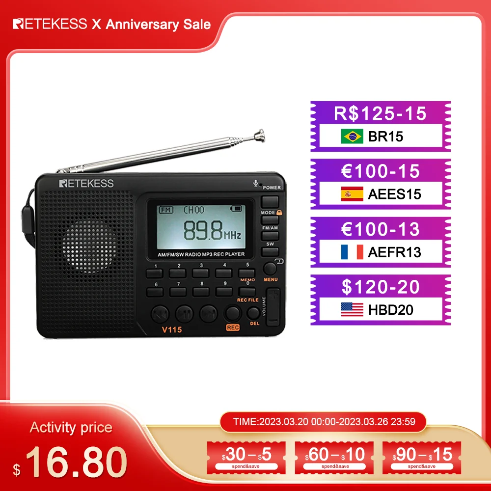 RETEKESS V115 Radio FM AM SW Portable Radios AM FM Rechargeable Shortwave Radio On Batteries All Full Waves USB Recorder Speaker