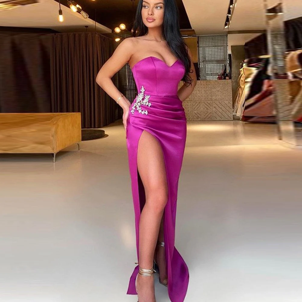 

Purple Satin Evening Dress Mermaid 2022 Party Dresses Strapless High Side Slit Beads Sexy Formal Party Gowns Robes De Soirée