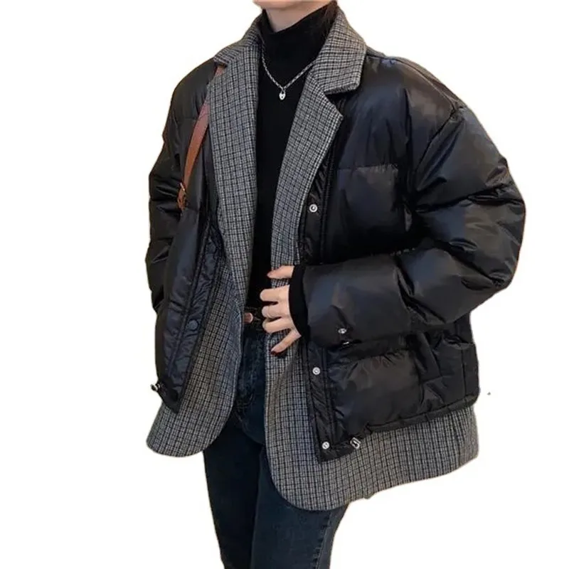 Fake Two Piece Plaid Stitching Black Cotton Jacket Women's Autumn Winter New Outerwear Lapel Long Sleeve Loose Coat Female