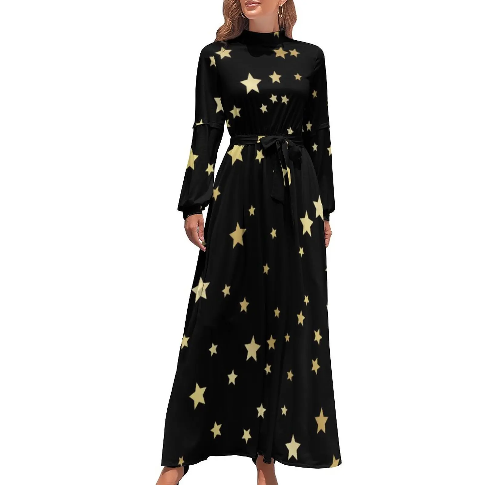 

Golden Stars Dress Cute Star Print Street Style Beach Dresses Female Long-Sleeve High Neck Vintage Long Maxi Dress