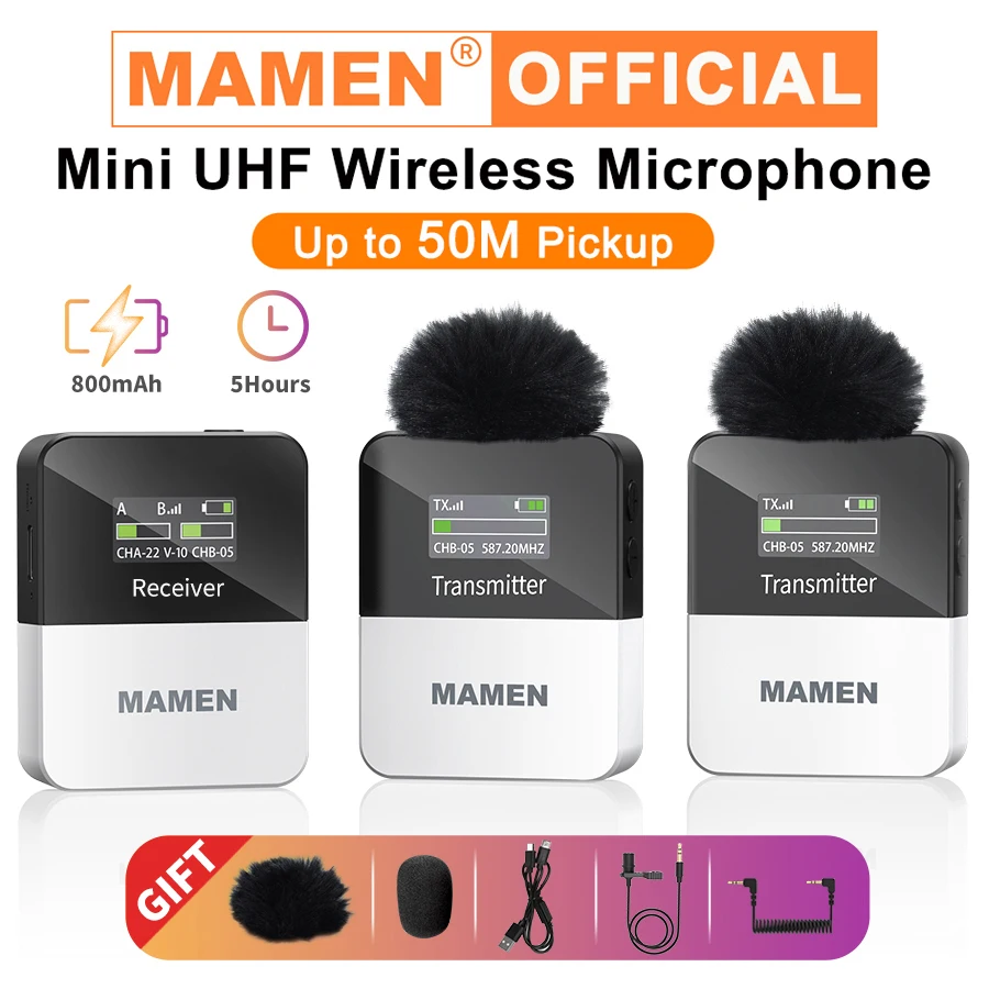 MAMEN Mini UHF Wireless Microphone System with Monitor Function 50M Transmission for Vlog Interview Recording Lavalier Microfone