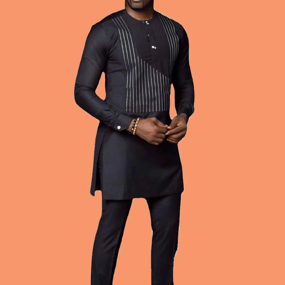 Dashiki Men's Set Printed Stripe Long Sleeve Top Trousers Pants Kaftan African Ethnic Casual 2pcs Suits Fashion Male Clothing