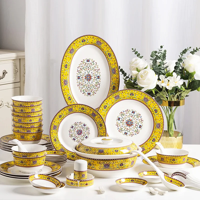 

Tableware set Jingdezhen 56 head household bone china bowls and dishes set enamel color ceramic tableware gift
