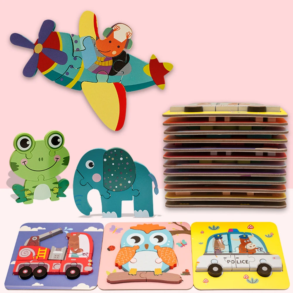 

3D Wood Block Training Toys Brain Game Cognition Cartoon Animal Pictures Puzzle for Children Early Learning Supplies