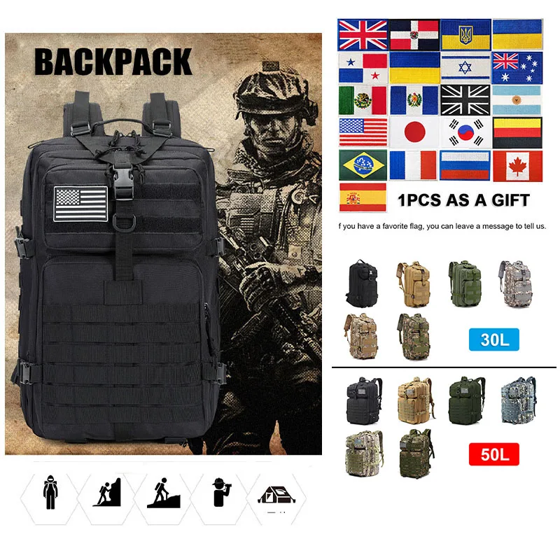 

Тактический рюкзак для мужчин 30 л/50 л, нейлоновая Военная походная сумка 900D, армейский дорожный ранец для активного отдыха, кемпинга, треккинга, охоты
