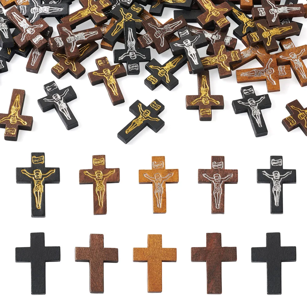

Kissitty 100Pcs Mixed Color Crucifix Cross Printed Wooden Pendants Dyed Printed Charms For Necklace Bracelet Jewelry Making Gift