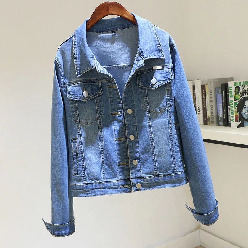 

Vintage Blue Elasticity Slim Short Denim Jacket Coat Women Basic Outerwear Spring Big Pocket Long Sleeve Jeans Jackets Female