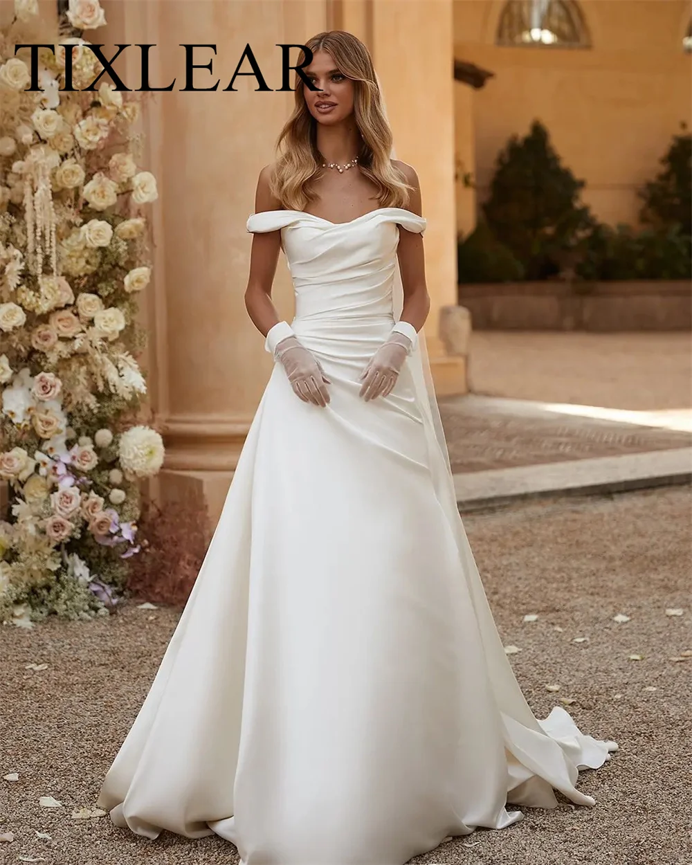 

Doymeny A-Line Wedding Dresses with Strapless Satin Ruched Off the Shoulder Court Floor-Length Modern 2023 Bride Robe De Mariage