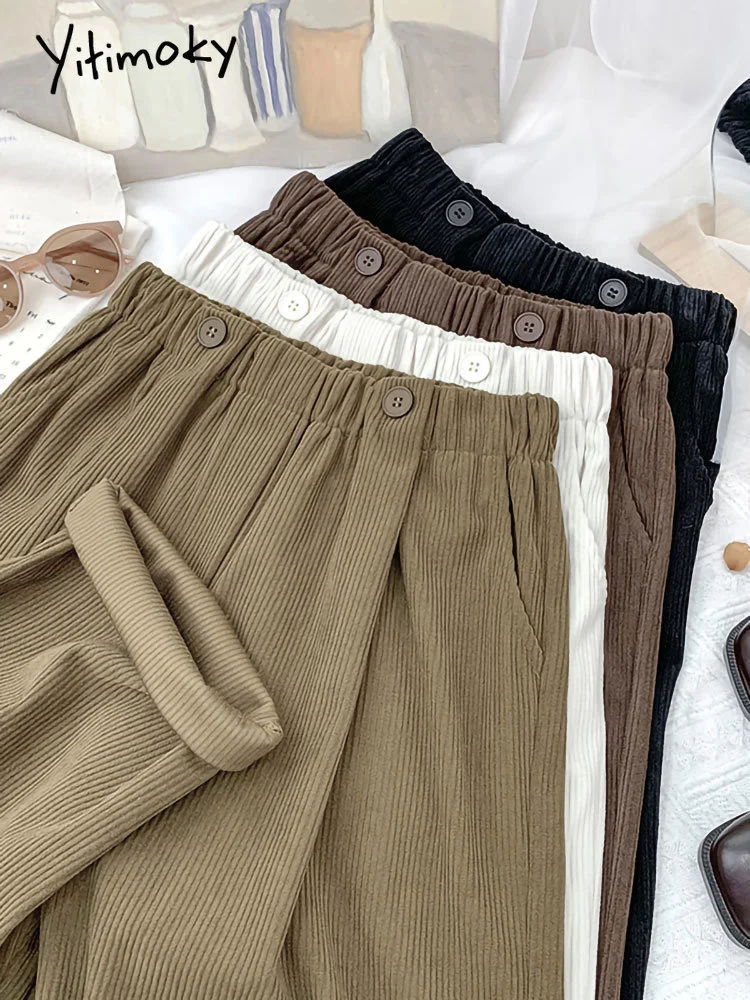 

Corduroy Thick Pants Women Vintage Straight Wide Leg Elastic Waist 2 Button Fashion Full Length Fall Winter 2023 Black