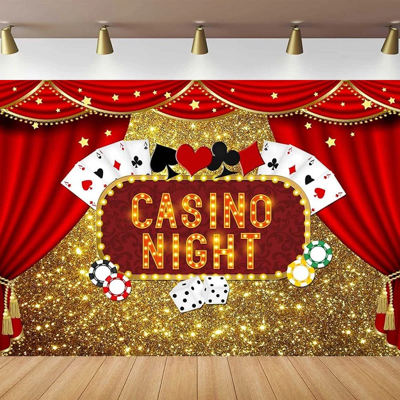

Las Vegas Gold Glitter Bokeh Photography Backdrop Casino Night Poker Dice Red Curtains Background Birthday Party Prom Banner