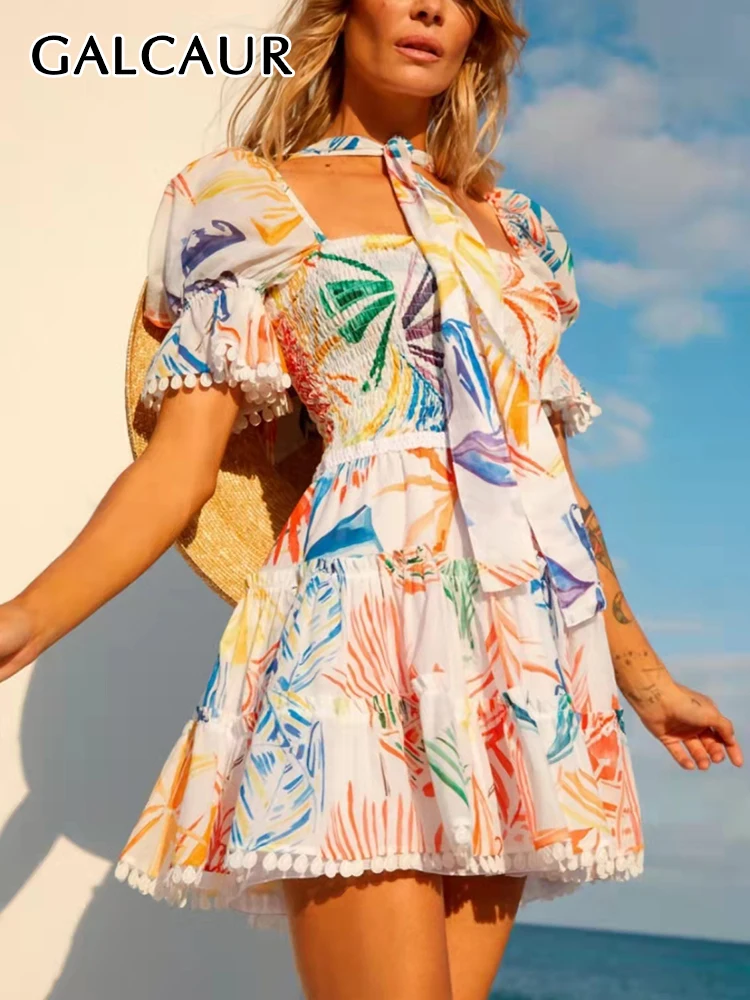 

GALCAUR Casual Print Dress For Women Square Collar Short Puff Sleeve High Waist Mini A Line Dresses Female 2022 Summer Clothing