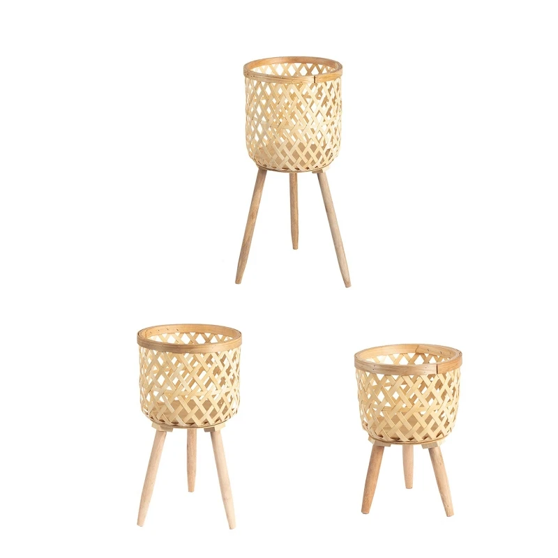 

R7RC Hand Woven Flower Pot with Bracket Storage Basket Mini Potted Decor Container for Home Office Dormitory Decoration