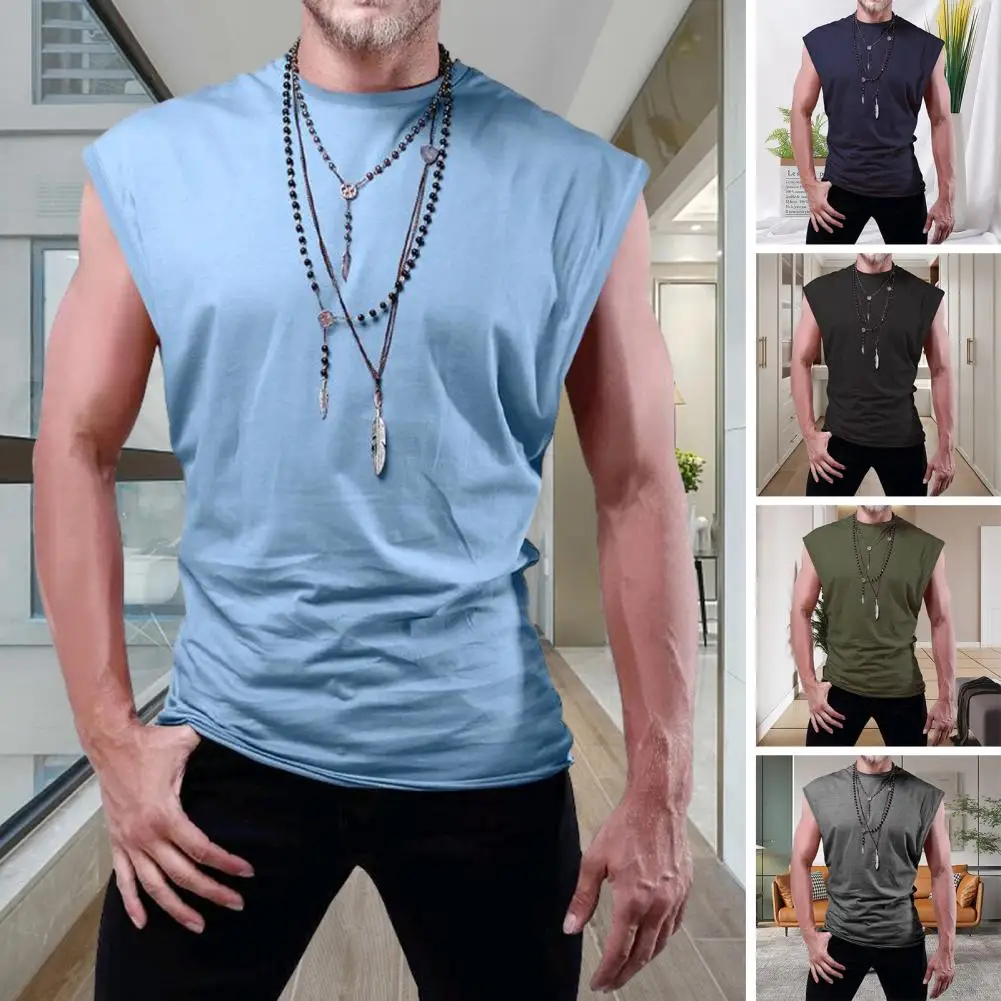 

Men Sport Vest Solid Color O-neck Sleeveless Vest Tops Slim Fit Fitness Undershirt Fitness Gym Quick Dry Running Tops
