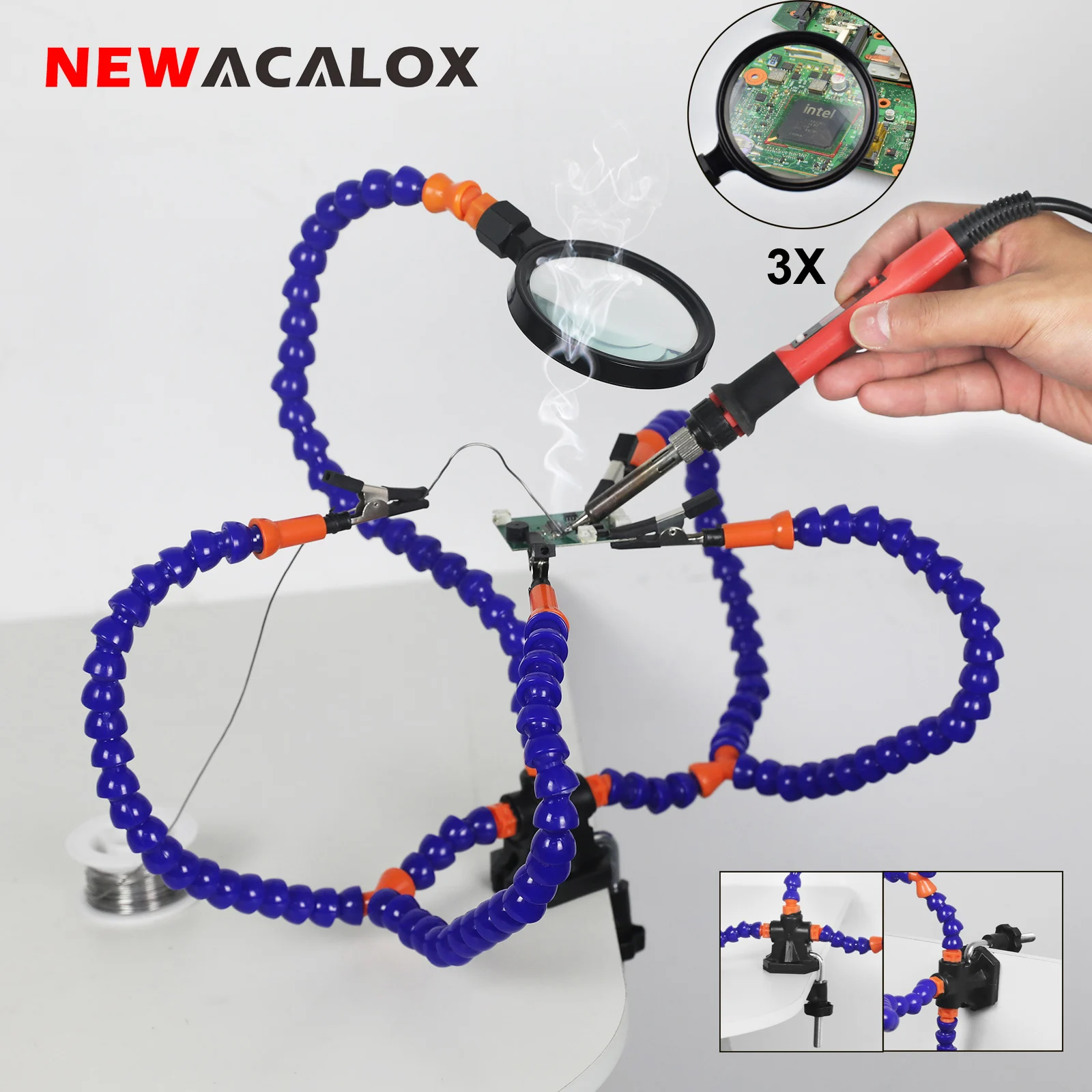 

NEWACALOX Table Clamp Soldering Third Hand Helping Hans with 3X Magnifier 5Pcs Flexible Arms PCB Holder Welding Repair Tool