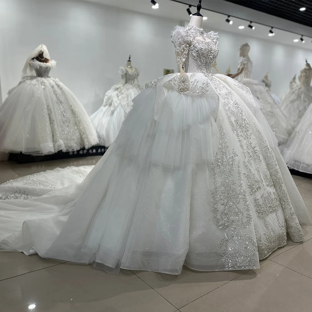 Фото Роскошные женские свадебные платья с высоким воротом на заказ, яркое свадебное платье длиной до пола, с длинными рукавами, платья принцессы de novia XS051 №5