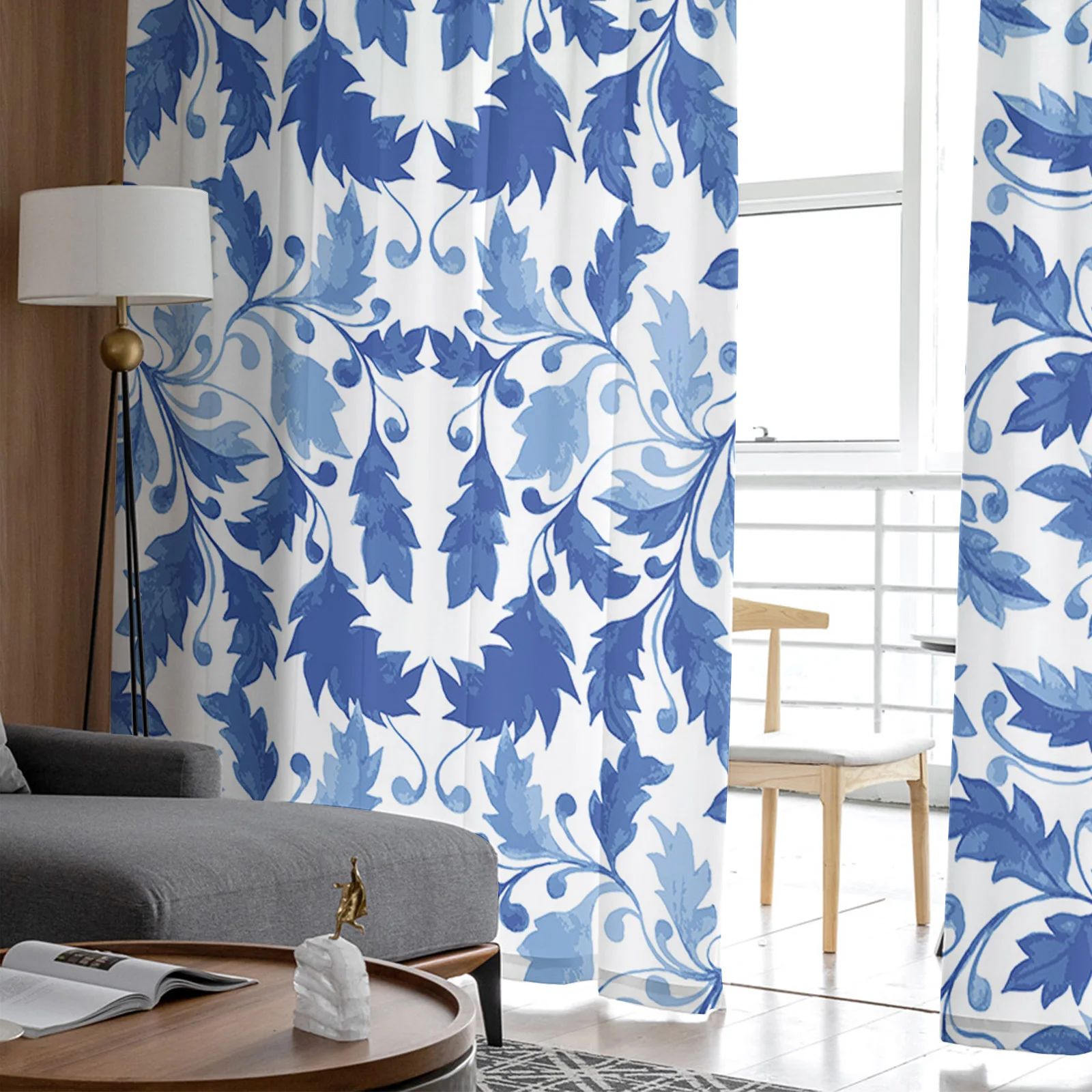 Акварельные темно-синие тюлевые шторы с листьями для гостиной вуаль прозрачные