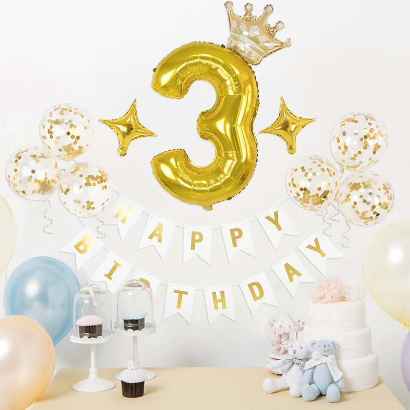 

Gold Crown Foil Balloon Happy Birthday Banner 32inch Number Helium Globos Latex Confetti Balloons Kids Birthday Party Decoration