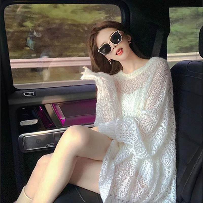

Women New Hollow Knitted Sweater White Top 2023 Spring Summer Bat Sleeve Sweater Female Fashion Thin Pullover Outer Wear Street