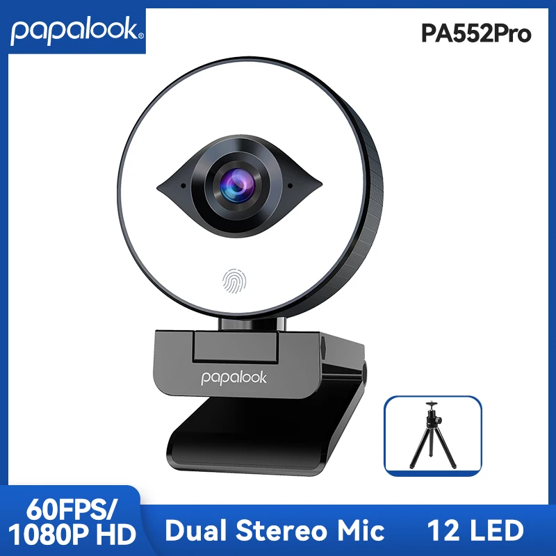 

FHD 60FPS 1080P Webcam with Ring Light, PAPALOOK PA552 PRO USB2.0 Web Camera Autofocus Dual Stereo DSP MIC for Laptop Streaming