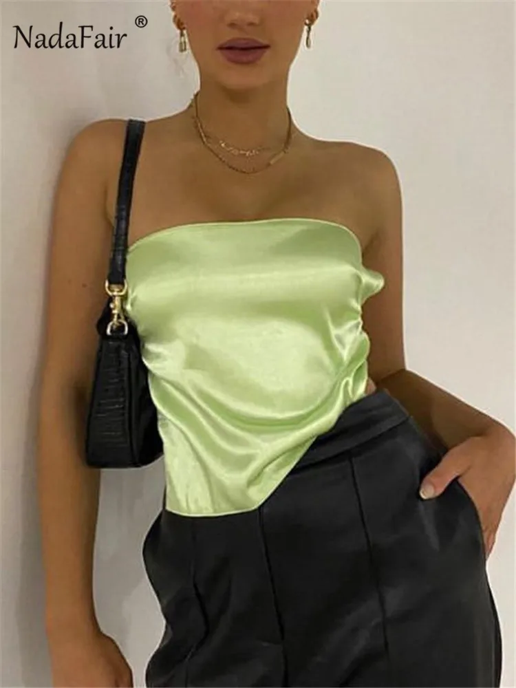 Nadafair Satin Strapless Tops Sexy Backless Bandage Off Shoulder Summer Sleeveless Women Silk Club Tube Cop Top Partywear |